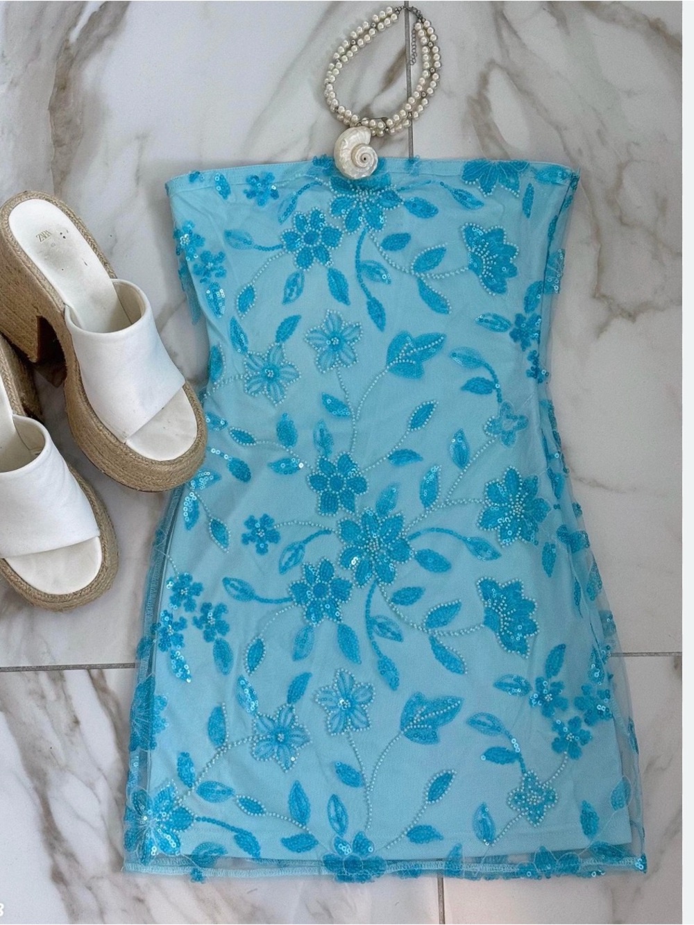NWT Peppermayo Light Aqua Blue Beaded Sequin Mini Dress